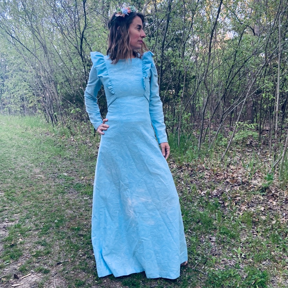 Vintage Baby Blue Floor Length Dress with Ruffles